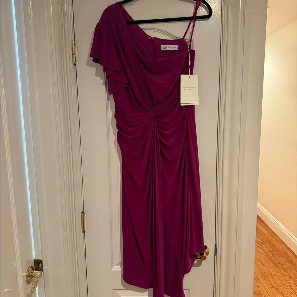 NWT Mac Duggal 12480 Women’s One Shoulder Midi Length Dress Magenta Size 12 - Picture 5 of 9